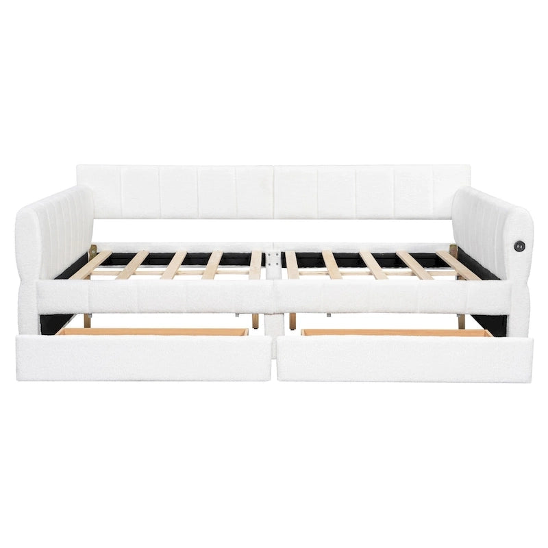 Lit plateforme Queen capitonné en peau de mouton avec port USB et 2 tiroirs – Style moderne, pour 1 à 2 personnes