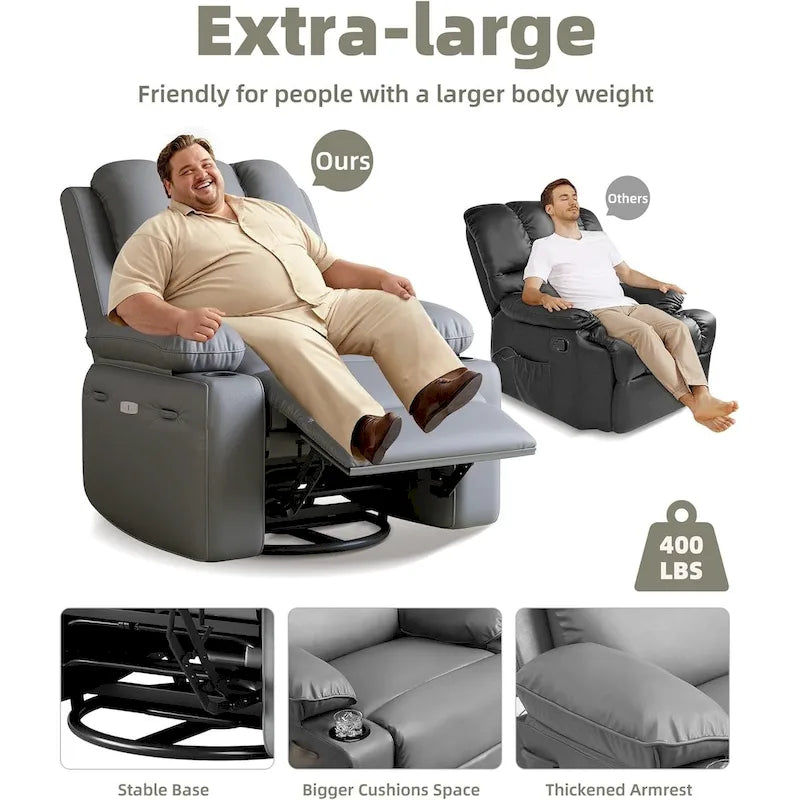 Fauteuil inclinable, pivotant et berçant surdimensionné gris/beige avec chauffage et massage – Style moderne, pour 1 personne