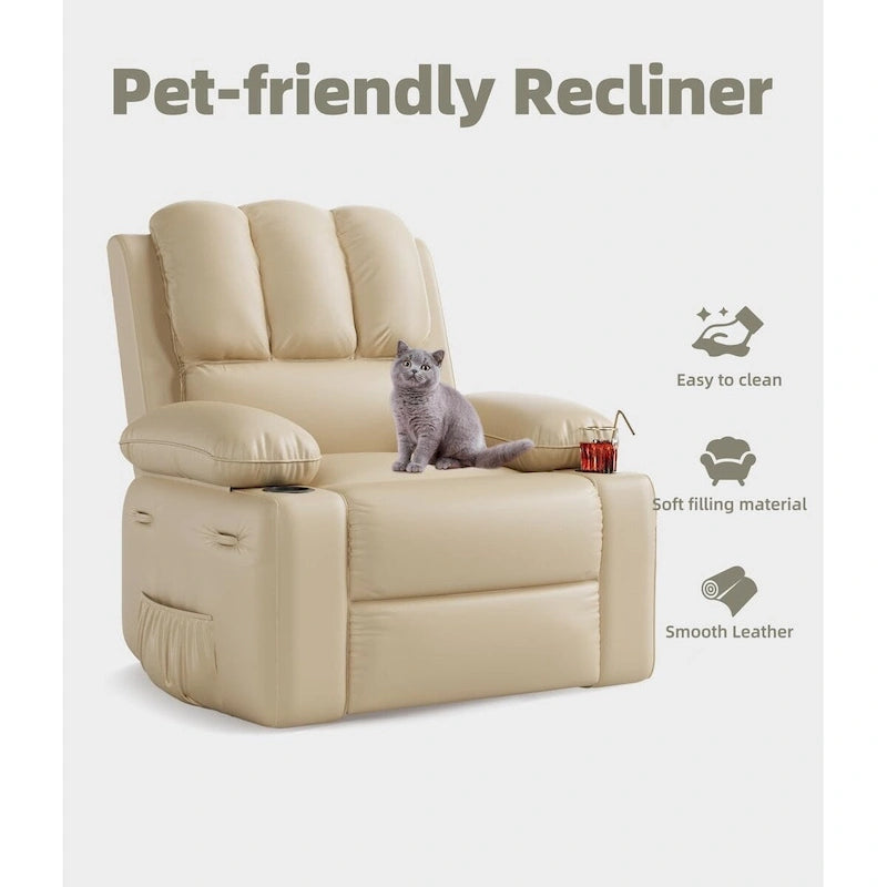 Fauteuil inclinable, pivotant et berçant surdimensionné gris/beige avec chauffage et massage – Style moderne, pour 1 personne