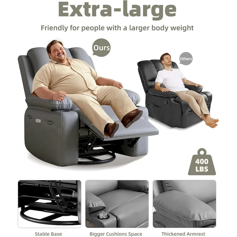 Fauteuil inclinable, pivotant et berçant surdimensionné gris/beige avec chauffage et massage – Style moderne, pour 1 personne