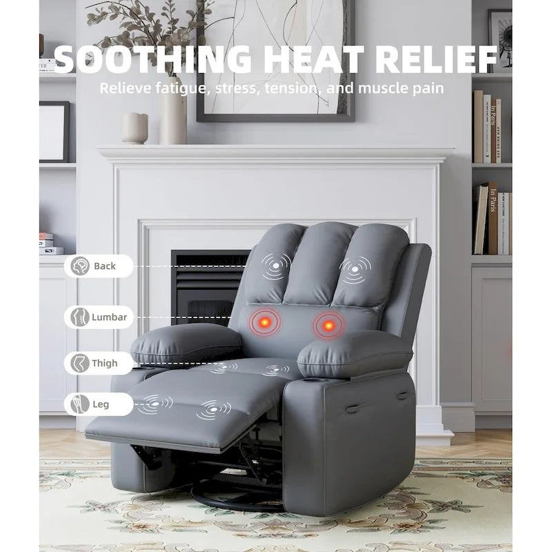 Fauteuil inclinable, pivotant et berçant surdimensionné gris/beige avec chauffage et massage – Style moderne, pour 1 personne