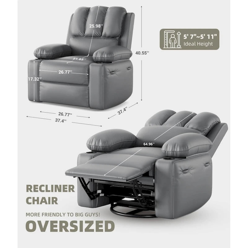 Fauteuil inclinable, pivotant et berçant surdimensionné gris/beige avec chauffage et massage – Style moderne, pour 1 personne