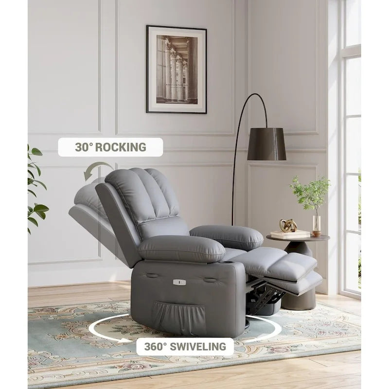 Fauteuil inclinable, pivotant et berçant surdimensionné gris/beige avec chauffage et massage – Style moderne, pour 1 personne