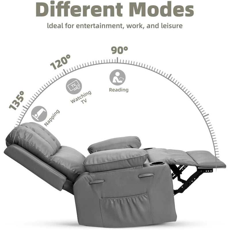 Fauteuil inclinable, pivotant et berçant surdimensionné gris/beige avec chauffage et massage – Style moderne, pour 1 personne