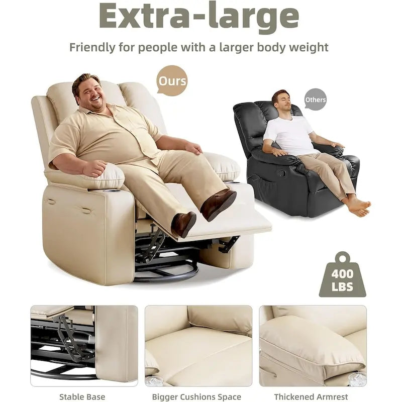 Fauteuil inclinable, pivotant et berçant surdimensionné gris/beige avec chauffage et massage – Style moderne, pour 1 personne