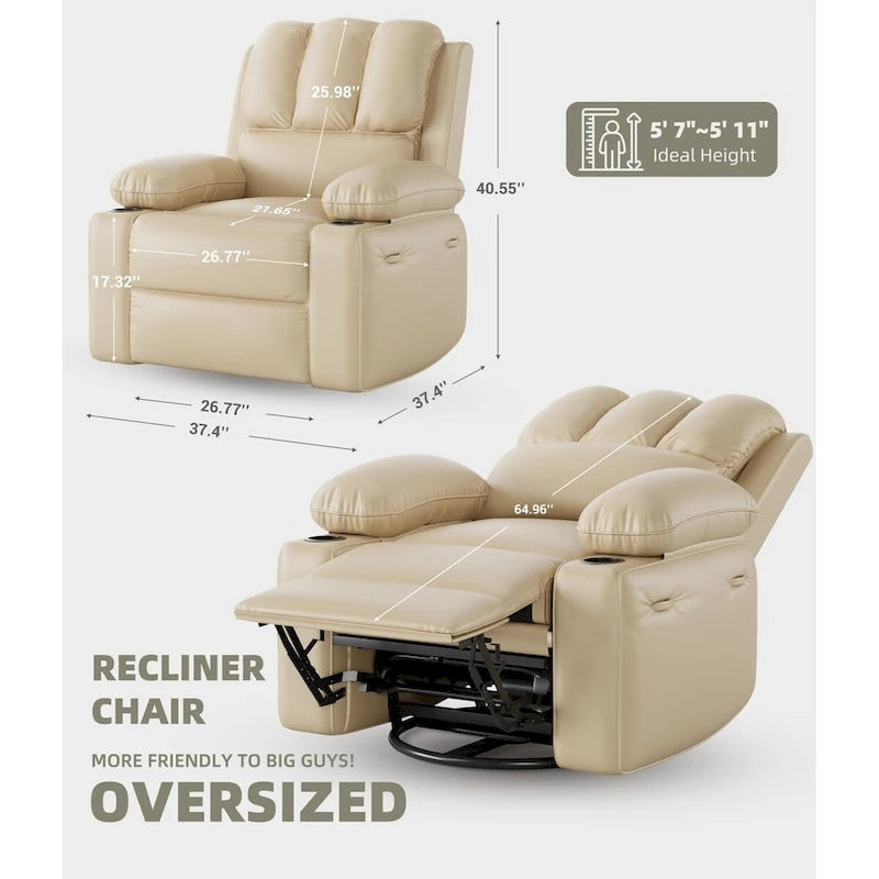 Fauteuil inclinable, pivotant et berçant surdimensionné gris/beige avec chauffage et massage – Style moderne, pour 1 personne