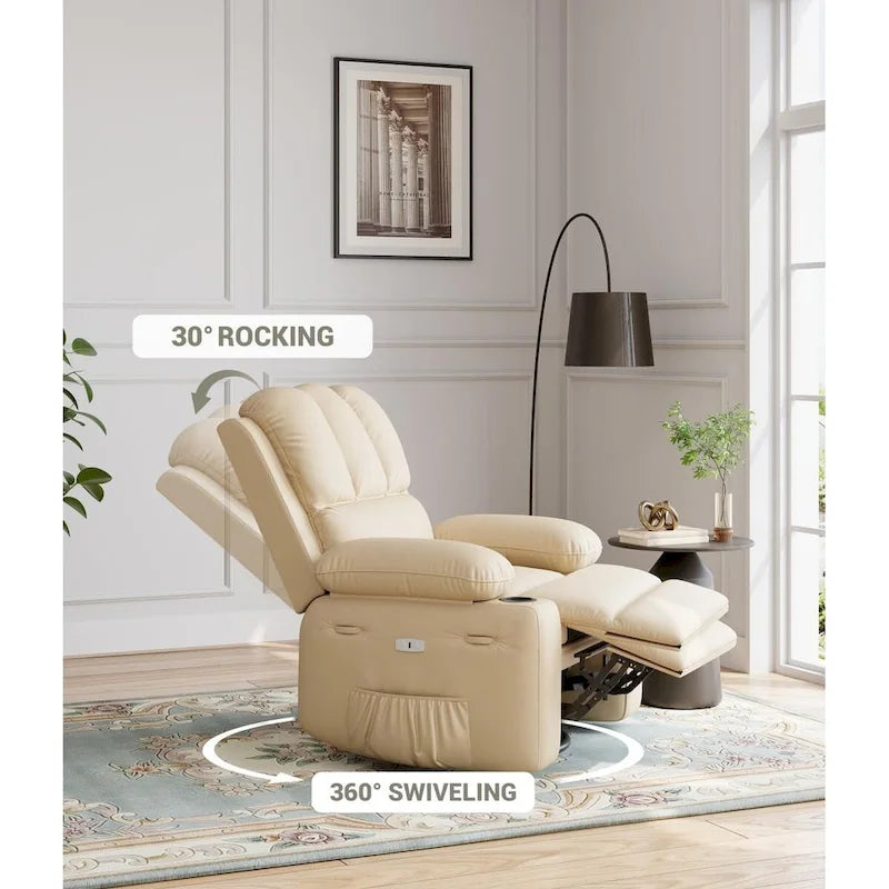 Fauteuil inclinable, pivotant et berçant surdimensionné gris/beige avec chauffage et massage – Style moderne, pour 1 personne