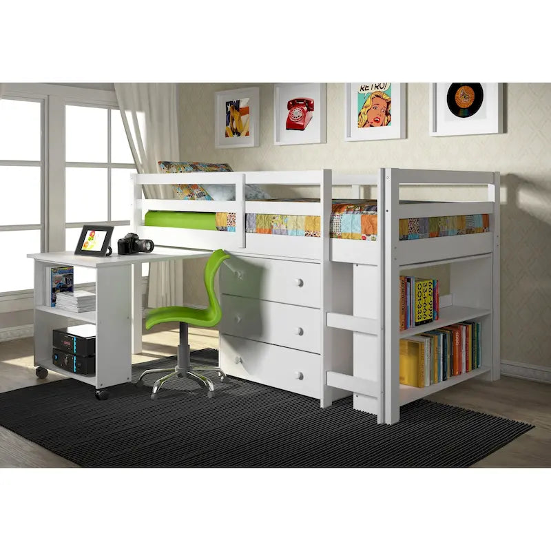 Lit mezzanine double cappuccino/blanc/gris foncé avec bureau escamotable, commode 3 tiroirs et bibliothèque – 1 couchage