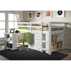Lit mezzanine double cappuccino/blanc/gris foncé avec bureau escamotable, commode 3 tiroirs et bibliothèque – 1 couchage