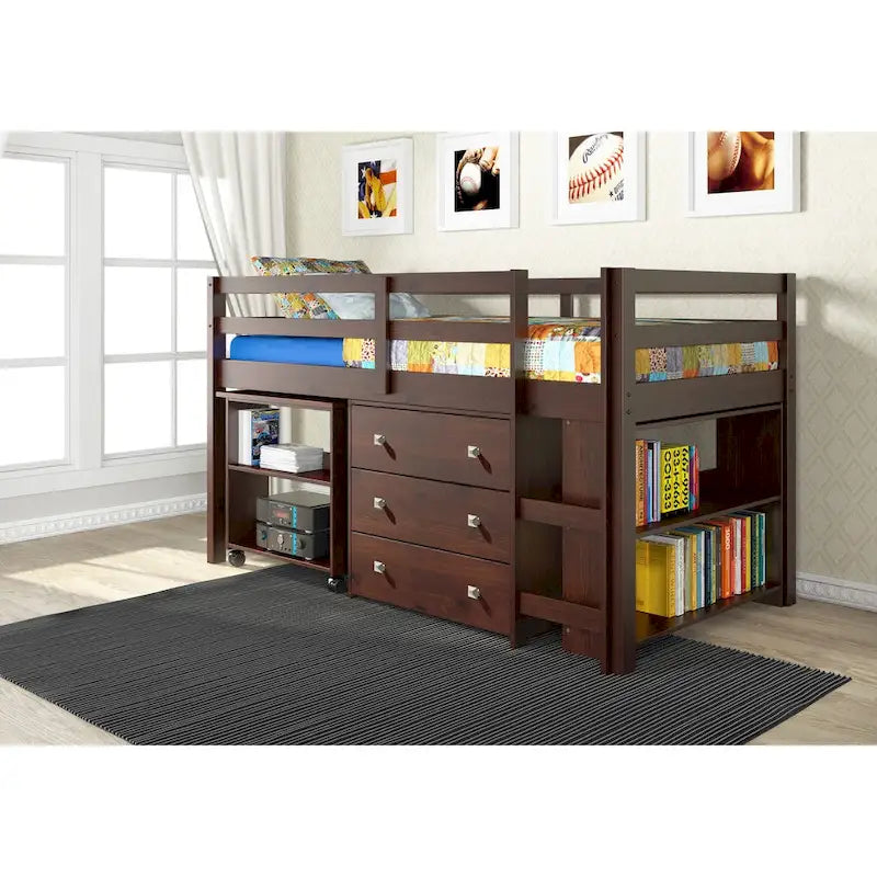 Lit mezzanine double cappuccino/blanc/gris foncé avec bureau escamotable, commode 3 tiroirs et bibliothèque – 1 couchage