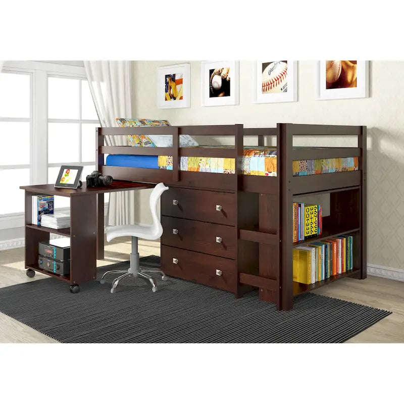 Lit mezzanine double cappuccino/blanc/gris foncé avec bureau escamotable, commode 3 tiroirs et bibliothèque – 1 couchage