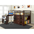 Lit mezzanine double cappuccino/blanc/gris foncé avec bureau escamotable, commode 3 tiroirs et bibliothèque – 1 couchage