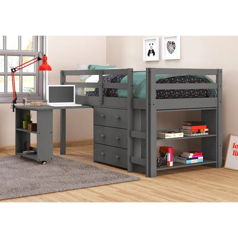 Lit mezzanine double cappuccino/blanc/gris foncé avec bureau escamotable, commode 3 tiroirs et bibliothèque – 1 couchage