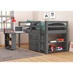 Lit mezzanine double cappuccino/blanc/gris foncé avec bureau escamotable, commode 3 tiroirs et bibliothèque – 1 couchage