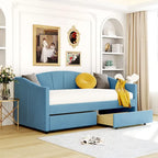 Lit de repos double en velours bleu / gris / beige avec 2 tiroirs – Style moderne, pour 1 personne