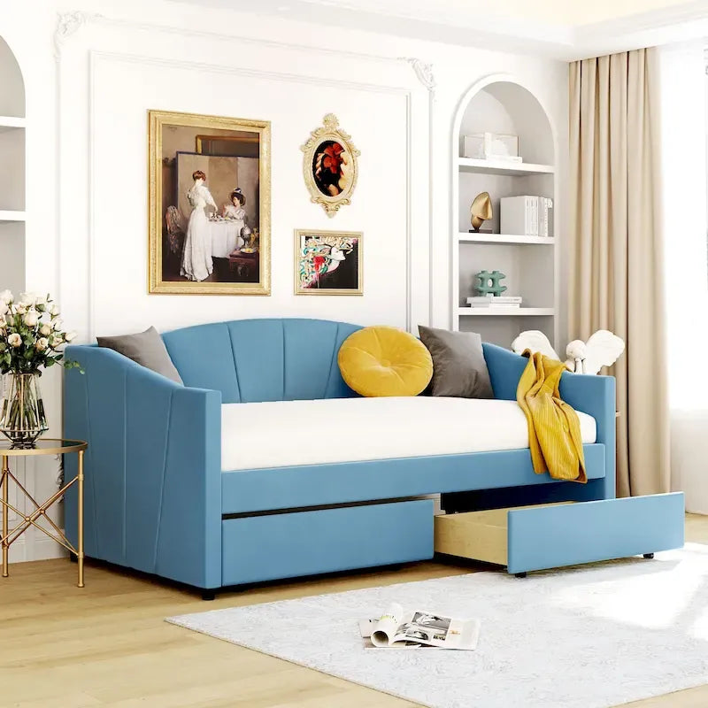 Lit de repos double en velours bleu / gris / beige avec 2 tiroirs – Style moderne, pour 1 personne