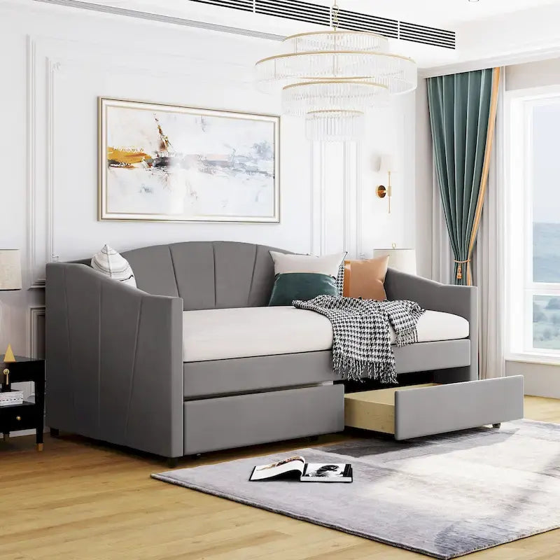 Lit de repos double en velours bleu / gris / beige avec 2 tiroirs – Style moderne, pour 1 personne
