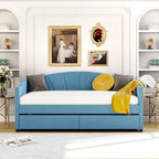 Lit de repos double en velours bleu / gris / beige avec 2 tiroirs – Style moderne, pour 1 personne