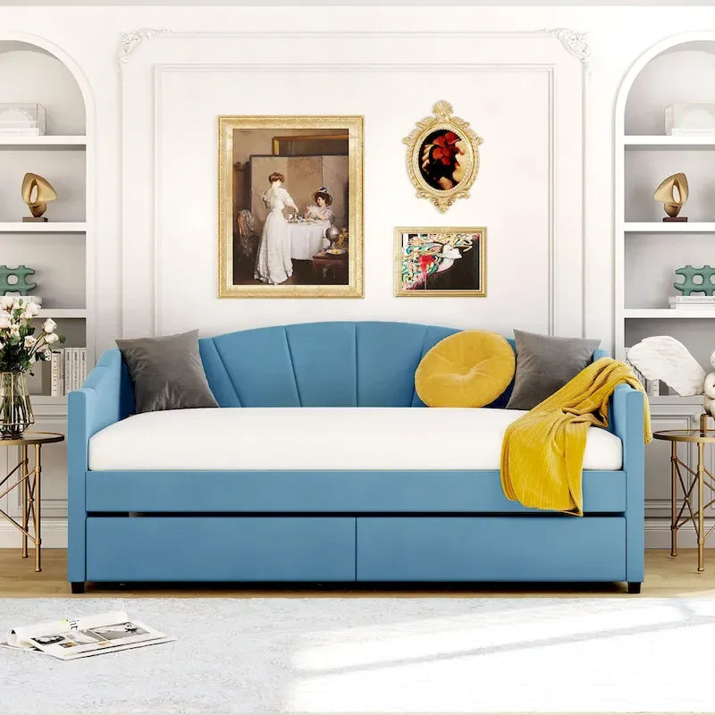 Lit de repos double en velours bleu / gris / beige avec 2 tiroirs – Style moderne, pour 1 personne