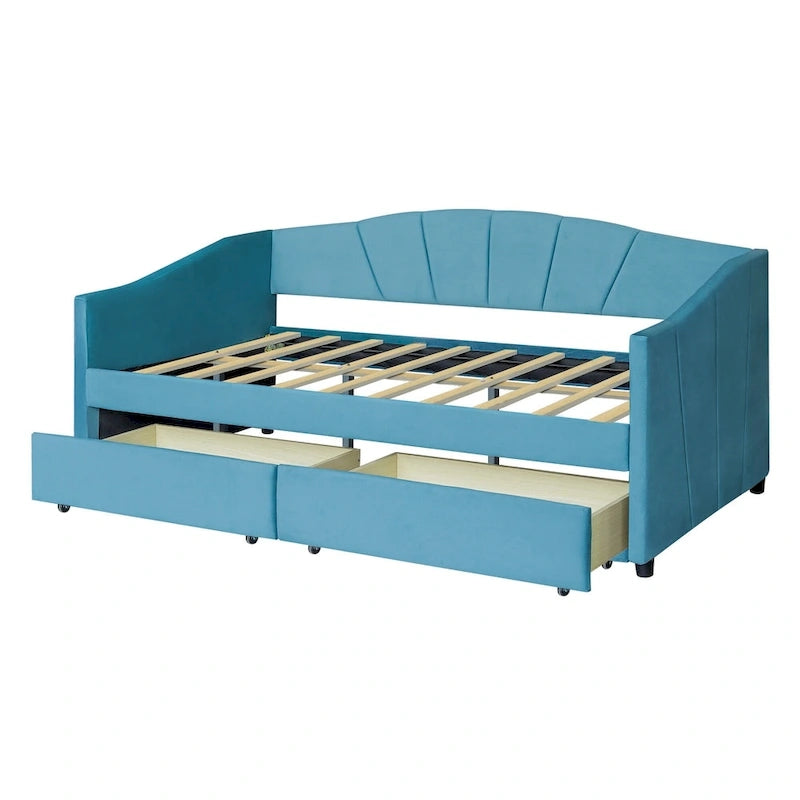 Lit de repos double en velours bleu / gris / beige avec 2 tiroirs – Style moderne, pour 1 personne