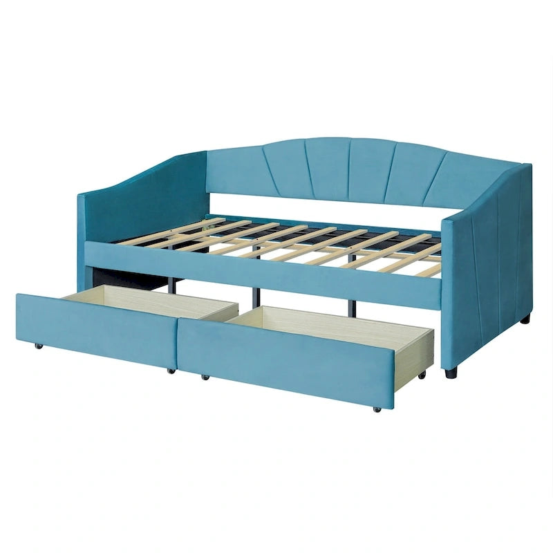 Lit de repos double en velours bleu / gris / beige avec 2 tiroirs – Style moderne, pour 1 personne