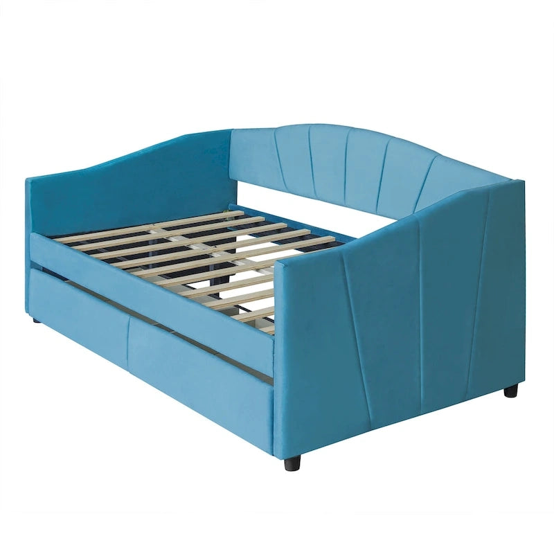 Lit de repos double en velours bleu / gris / beige avec 2 tiroirs – Style moderne, pour 1 personne