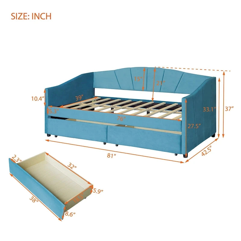 Lit de repos double en velours bleu / gris / beige avec 2 tiroirs – Style moderne, pour 1 personne