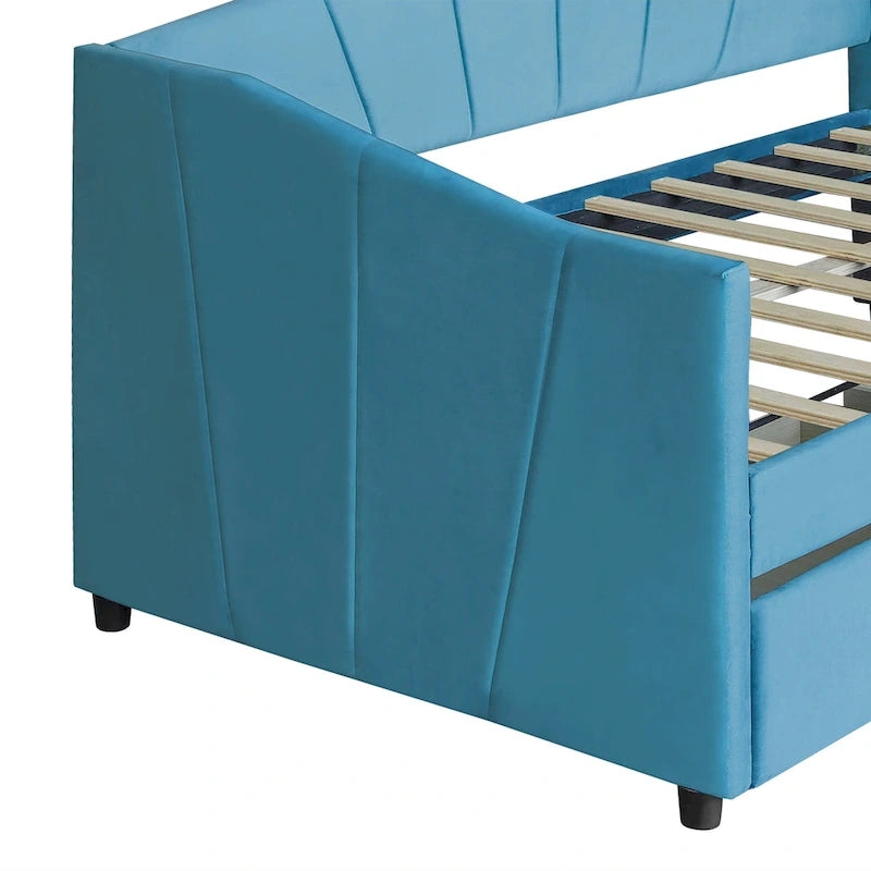 Lit de repos double en velours bleu / gris / beige avec 2 tiroirs – Style moderne, pour 1 personne