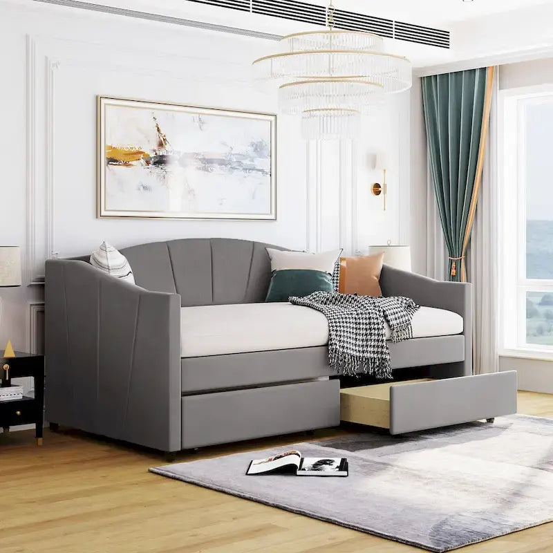 Lit de repos double en velours bleu / gris / beige avec 2 tiroirs – Style moderne, pour 1 personne