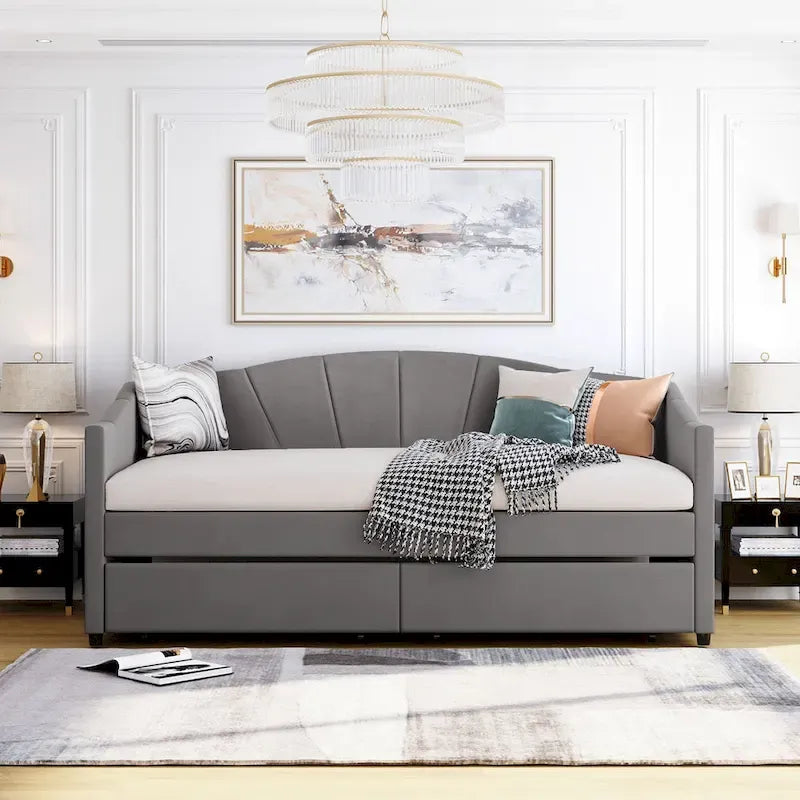 Lit de repos double en velours bleu / gris / beige avec 2 tiroirs – Style moderne, pour 1 personne