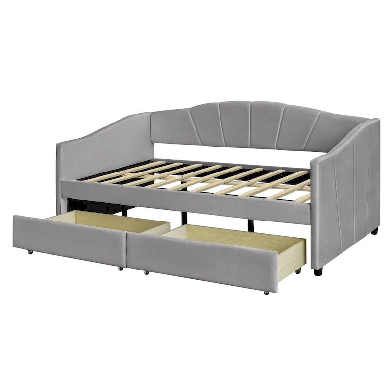 Lit de repos double en velours bleu / gris / beige avec 2 tiroirs – Style moderne, pour 1 personne