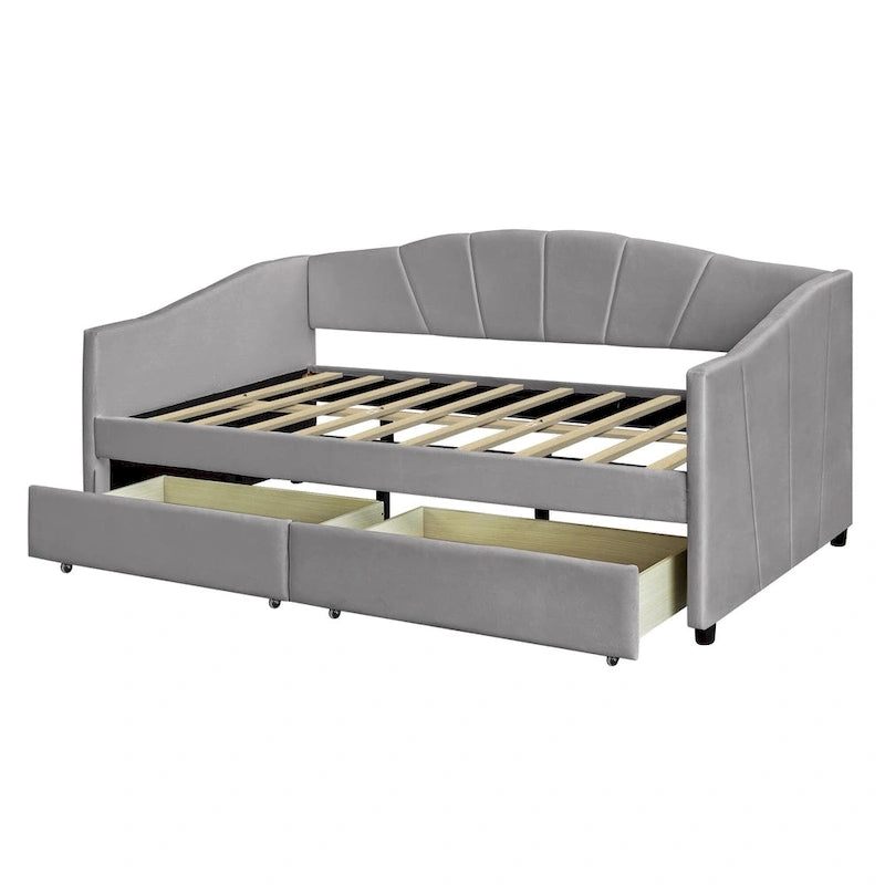 Lit de repos double en velours bleu / gris / beige avec 2 tiroirs – Style moderne, pour 1 personne