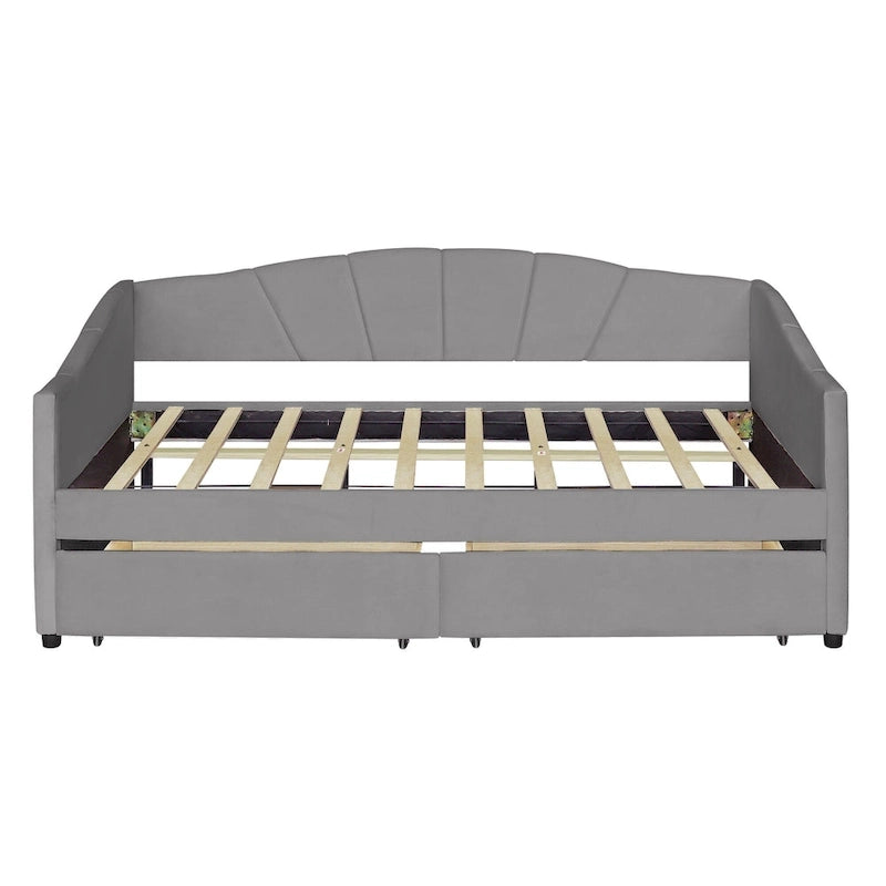 Lit de repos double en velours bleu / gris / beige avec 2 tiroirs – Style moderne, pour 1 personne