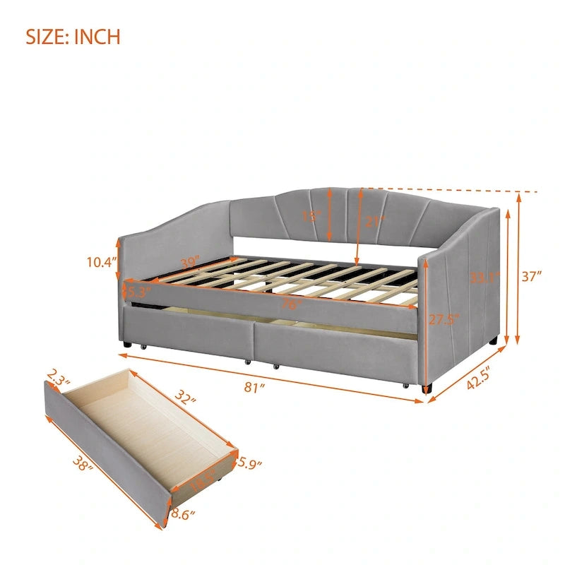 Lit de repos double en velours bleu / gris / beige avec 2 tiroirs – Style moderne, pour 1 personne