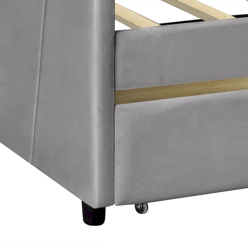 Lit de repos double en velours bleu / gris / beige avec 2 tiroirs – Style moderne, pour 1 personne