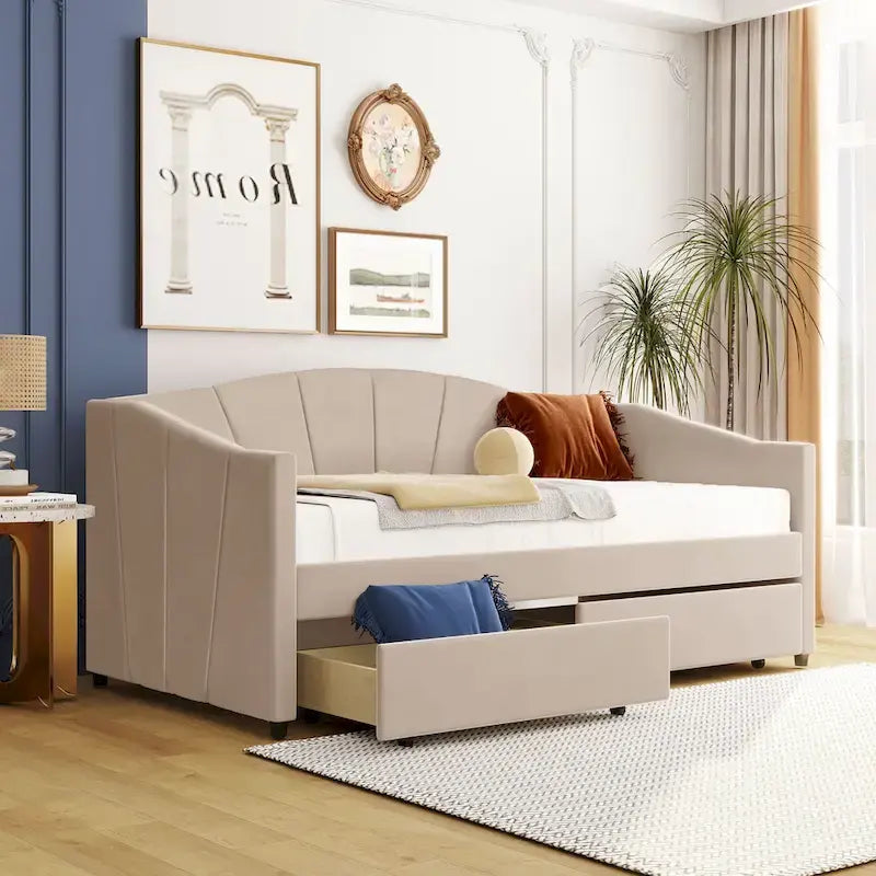 Lit de repos double en velours bleu / gris / beige avec 2 tiroirs – Style moderne, pour 1 personne
