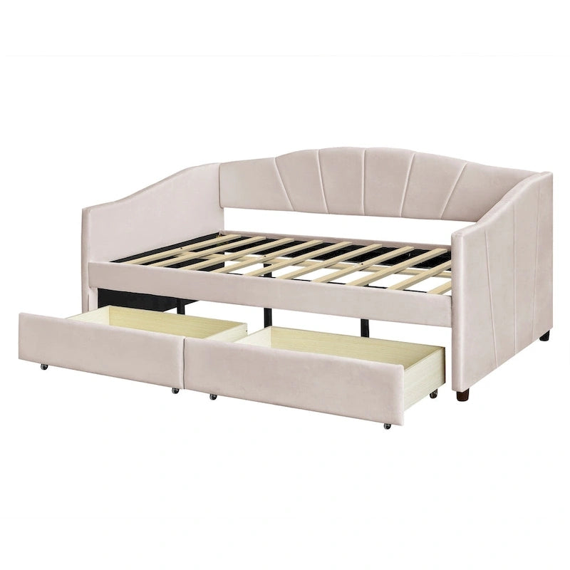 Lit de repos double en velours bleu / gris / beige avec 2 tiroirs – Style moderne, pour 1 personne