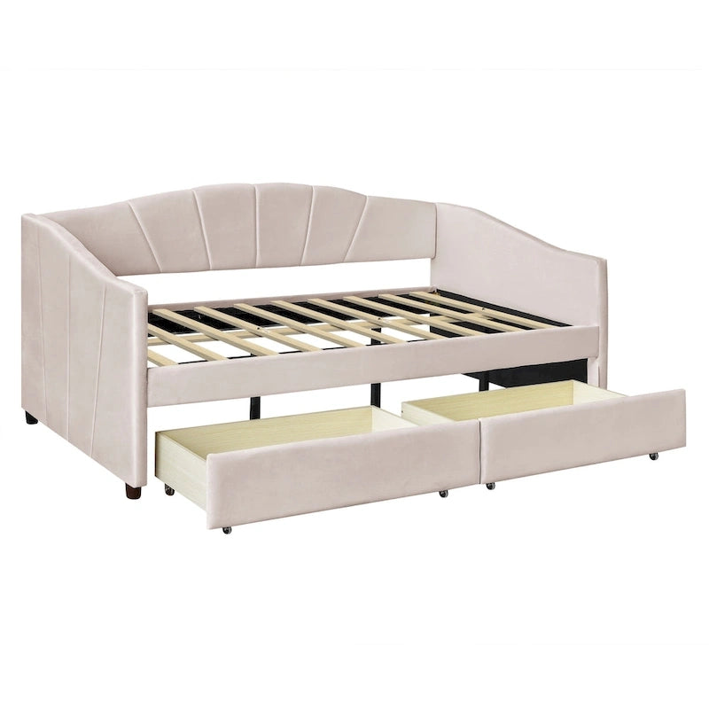 Lit de repos double en velours bleu / gris / beige avec 2 tiroirs – Style moderne, pour 1 personne