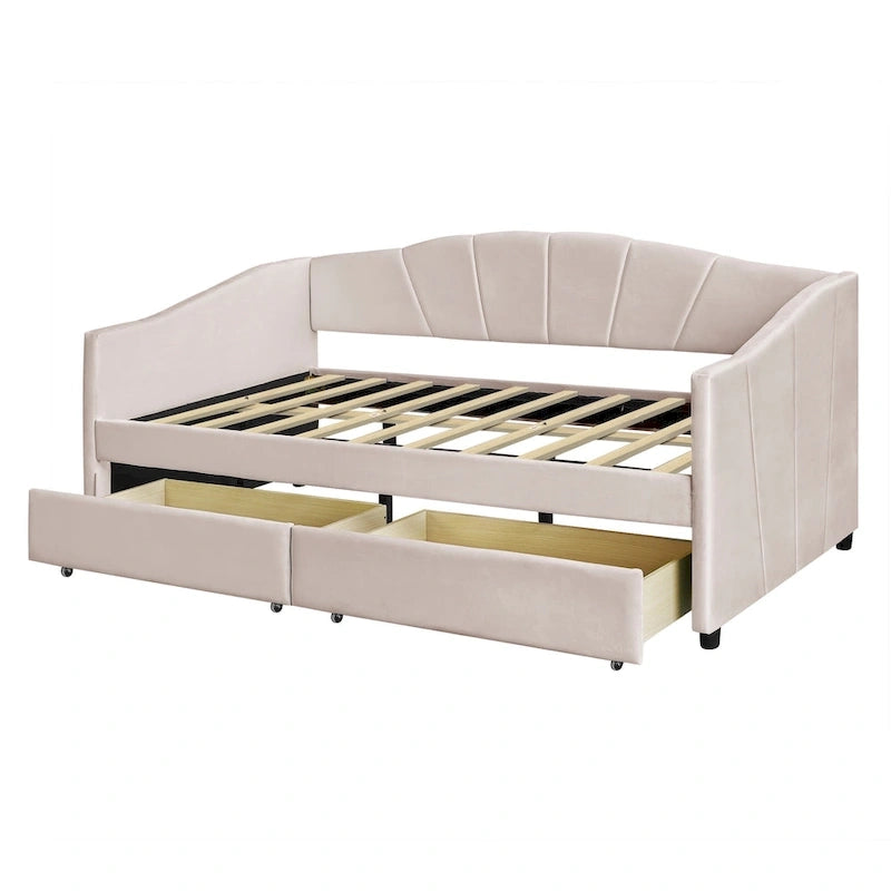 Lit de repos double en velours bleu / gris / beige avec 2 tiroirs – Style moderne, pour 1 personne