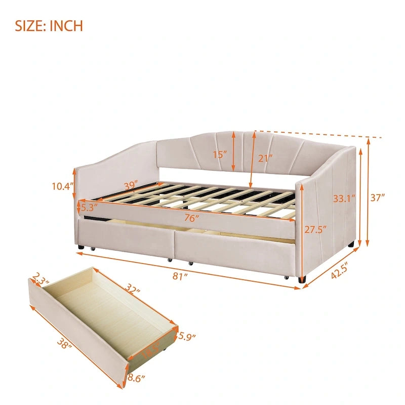 Lit de repos double en velours bleu / gris / beige avec 2 tiroirs – Style moderne, pour 1 personne