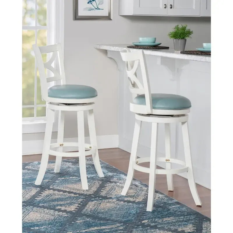 Tabouret de bar pivotant en similicuir bleu ciel avec structure en bois crème – Hauteur bar / Hauteur comptoir, siège individuel
