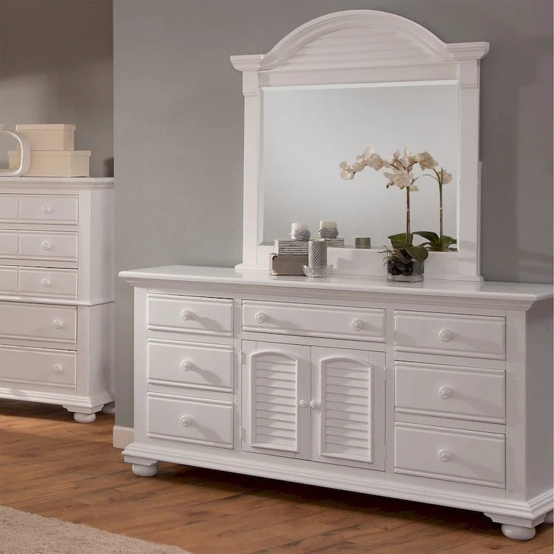 Commode triple à 7 tiroirs blanc antique avec miroir en option – Style côtier, usage familial
