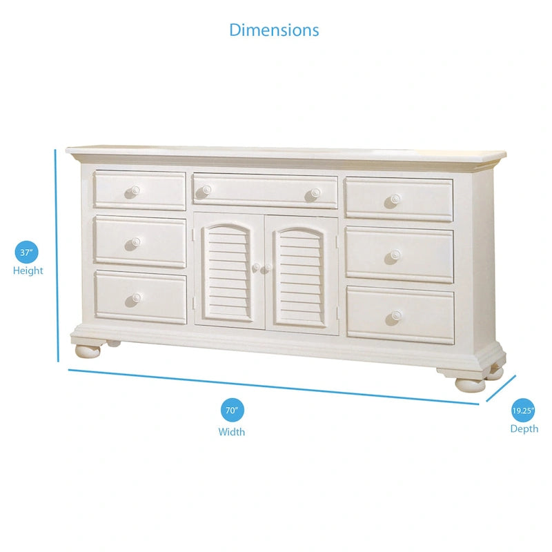 Commode triple à 7 tiroirs blanc antique avec miroir en option – Style côtier, usage familial