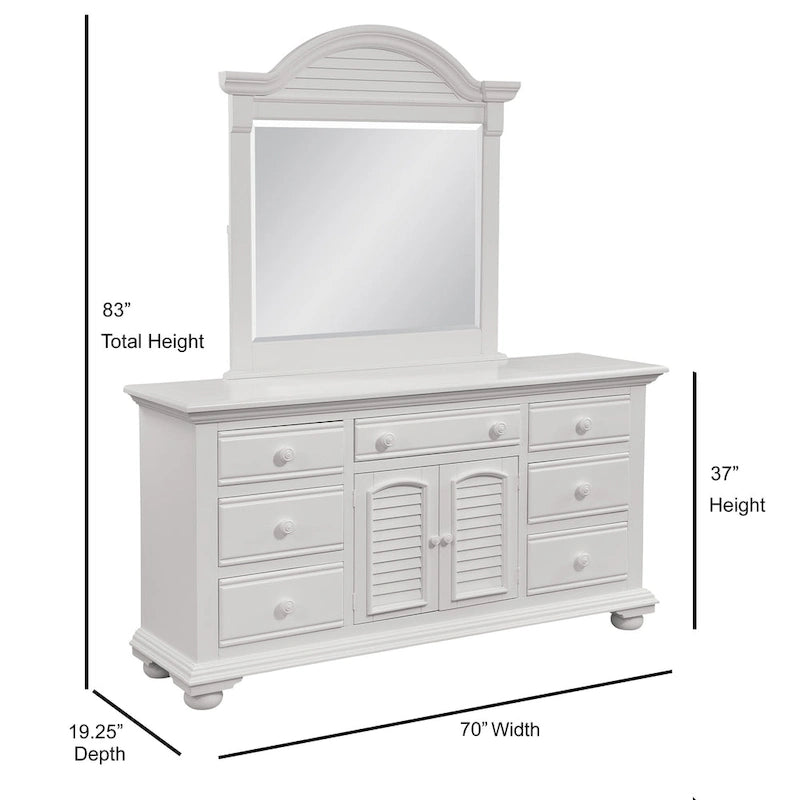 Commode triple à 7 tiroirs blanc antique avec miroir en option – Style côtier, usage familial