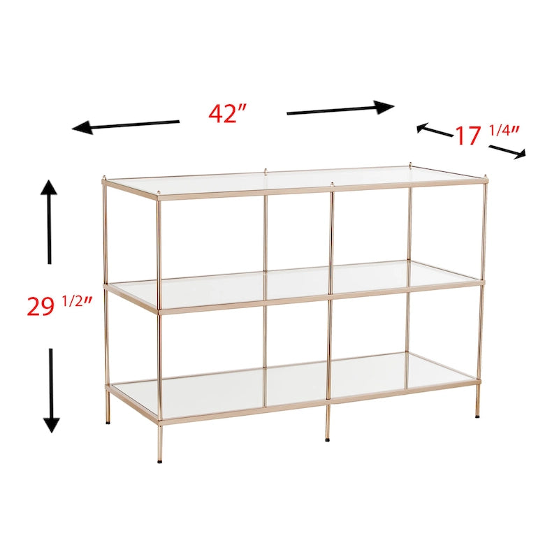 Console de table en métal à 3 niveaux en cuivre avec plateau en verre et étagère miroir – Unité unique