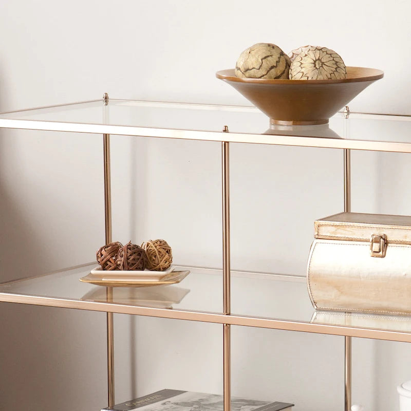 Console de table en métal à 3 niveaux en cuivre avec plateau en verre et étagère miroir – Unité unique