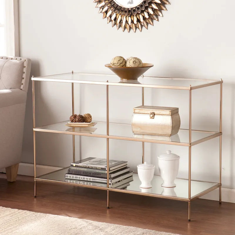 Console de table en métal à 3 niveaux en cuivre avec plateau en verre et étagère miroir – Unité unique