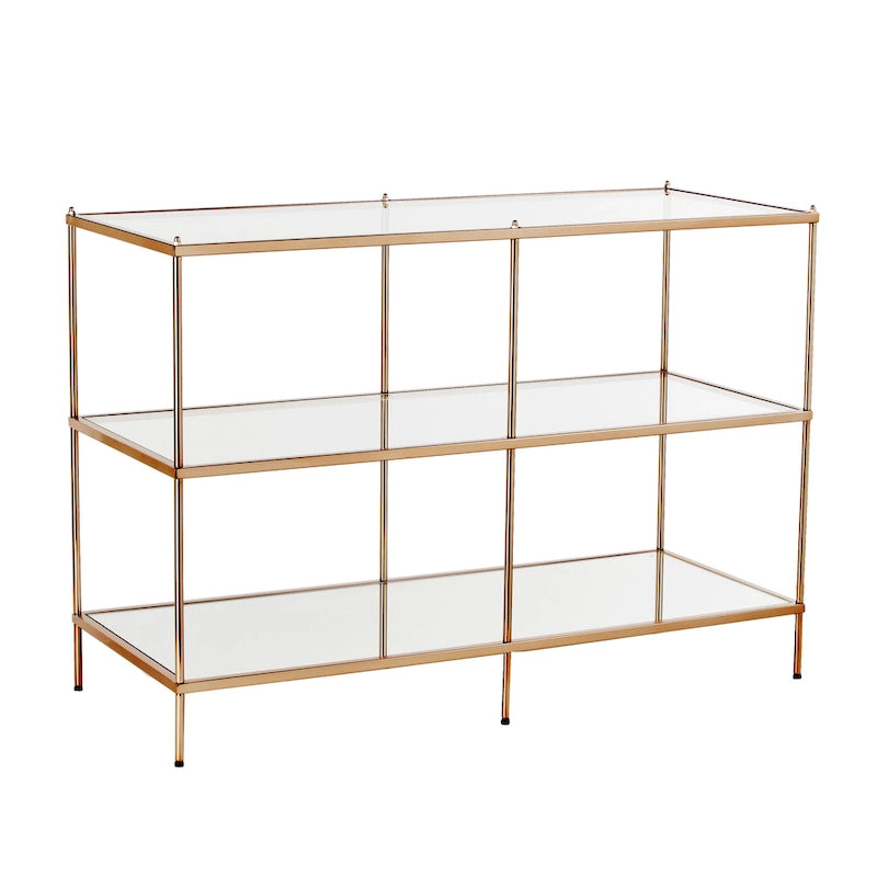 Console de table en métal à 3 niveaux en cuivre avec plateau en verre et étagère miroir – Unité unique