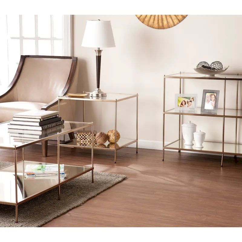 Console de table en métal à 3 niveaux en cuivre avec plateau en verre et étagère miroir – Unité unique