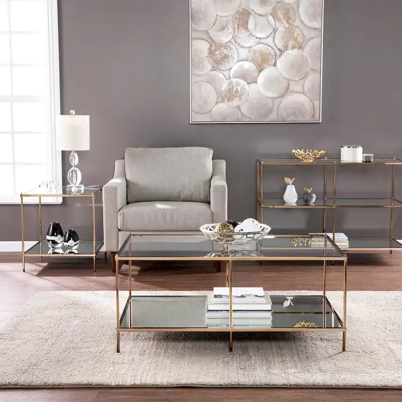 Console de table en métal à 3 niveaux en cuivre avec plateau en verre et étagère miroir – Unité unique